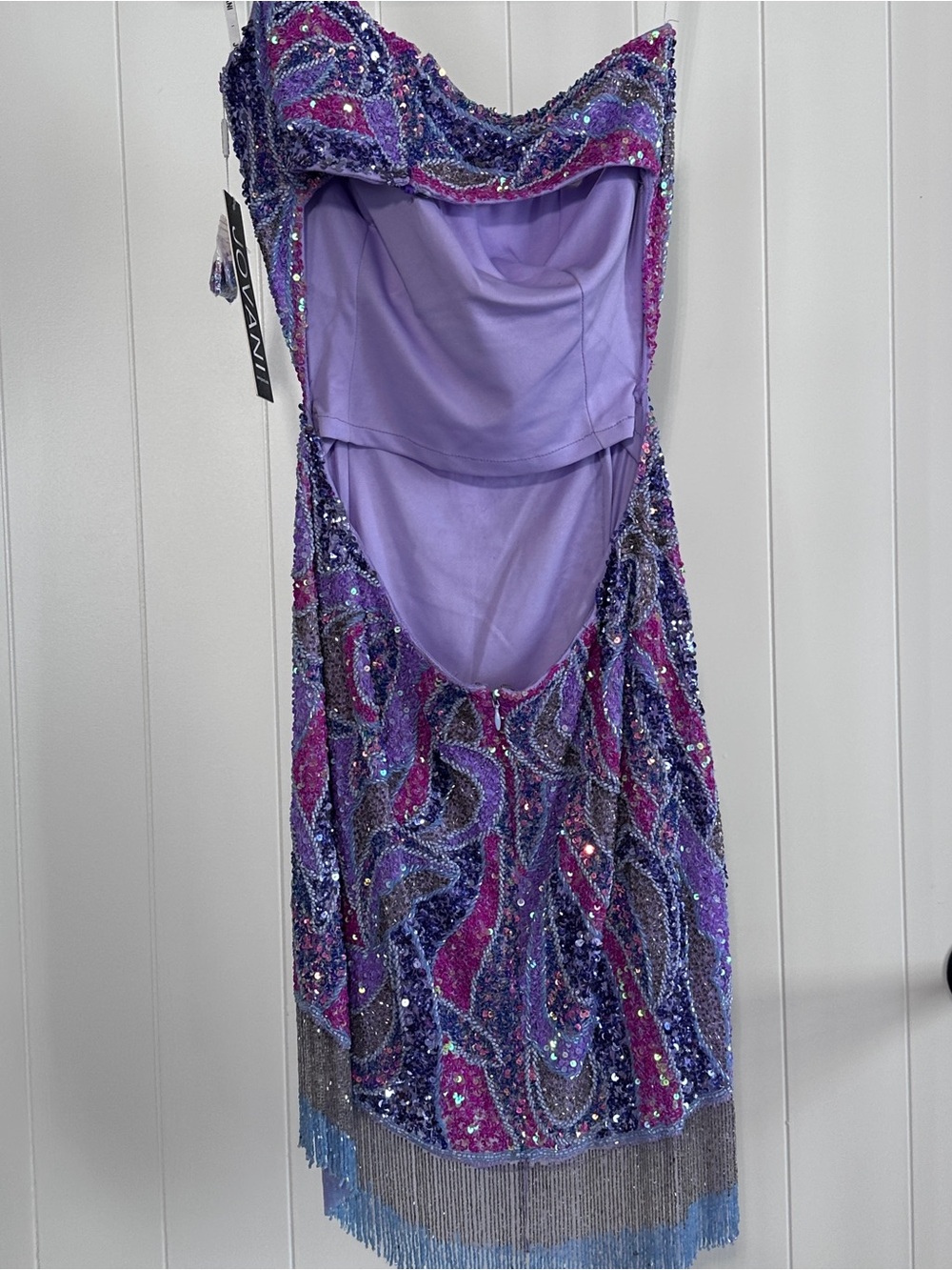 NWT Jovani 40076 Sequin Fringe One Shoulder Cutout Mini Dress Purple Lilac - Picture 2 of 3